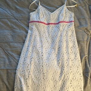 White Eyelet Dress with Pink Trim